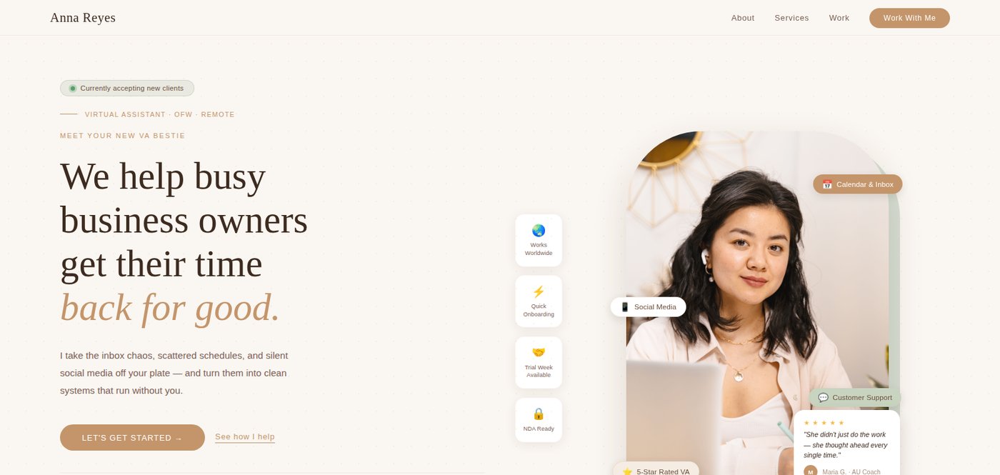 Screenshot of the portfolio website built for Anna Reyes
