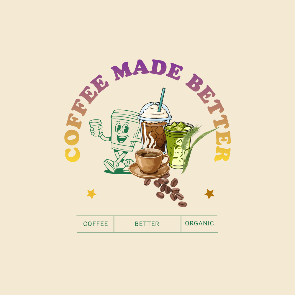 Coffee Made Better logo: a retro walking coffee cup mascot with iced drinks, designed by NorieDigi